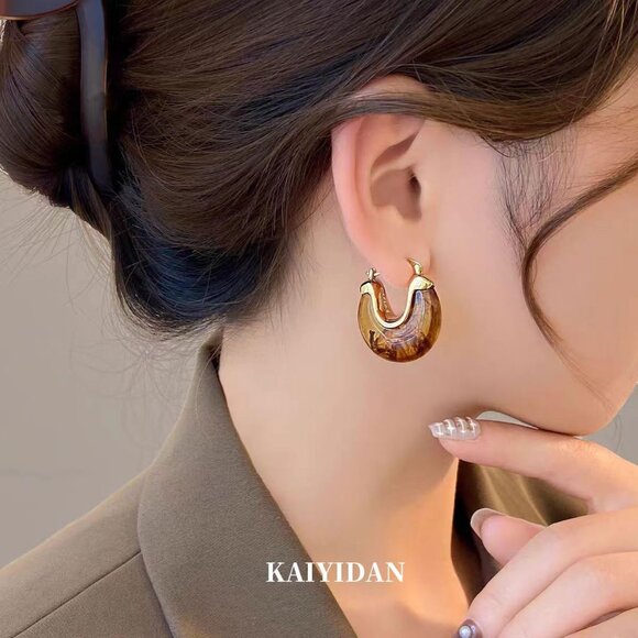 Gold Amber Resin Oval Hoop Earrings for Women - Trendy 18K Gold Plated Dangle Th - Picture 3 of 8